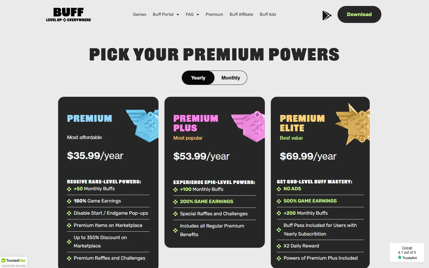 BUFF premium plans page with three subscription tiers