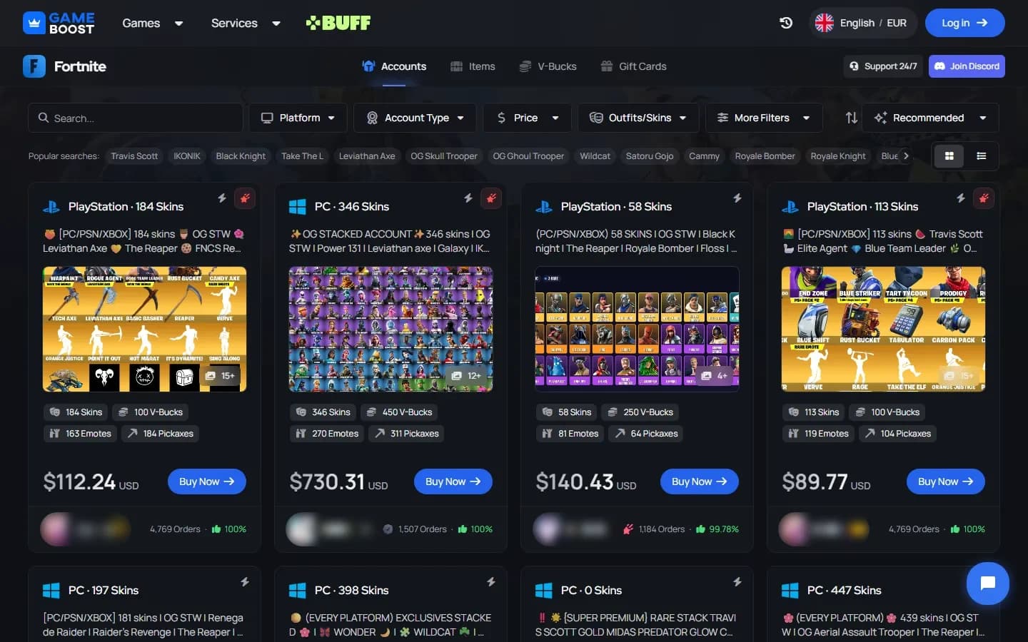 GameBoost Fortnite accounts page with filters and listing cards