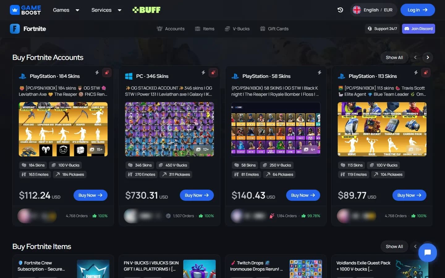 GameBoost Fortnite hub with account and item listings
