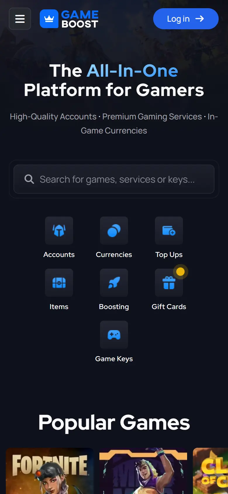 GameBoost homepage on a phone