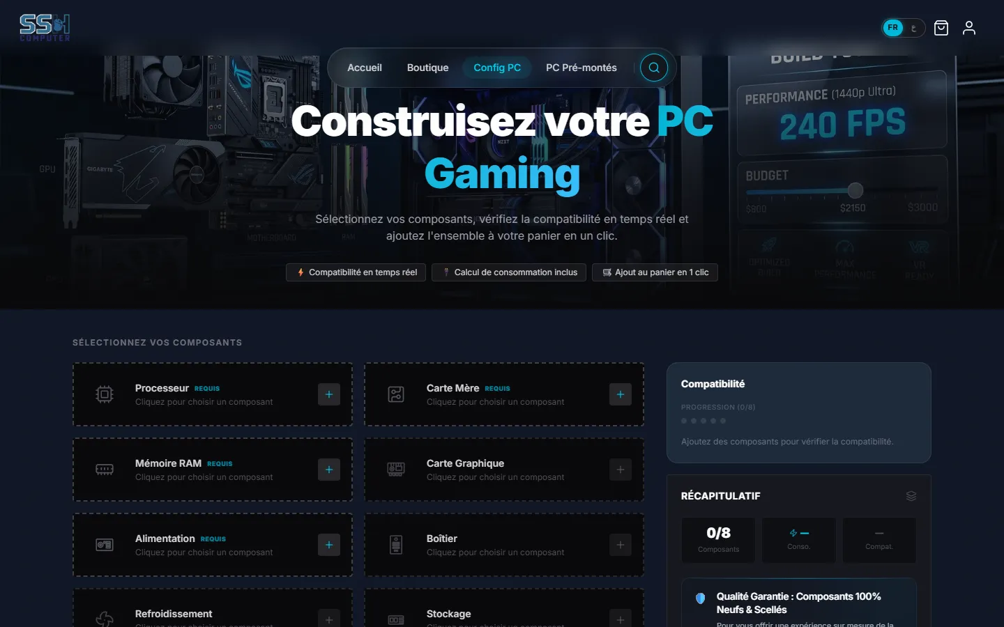 SSH Computer PC builder with component slots and a live compatibility summary