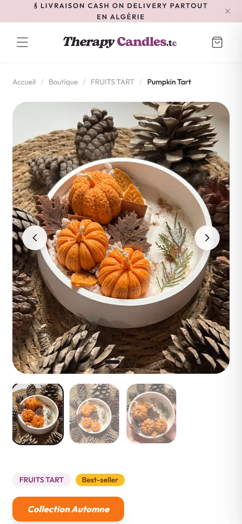 Therapy Candles product page for the Pumpkin Tart candle on a phone