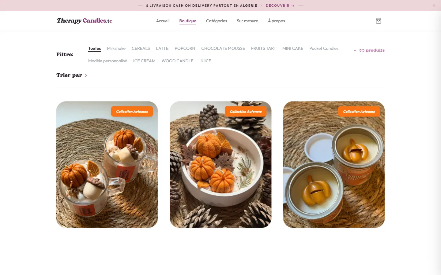Therapy Candles shop with dessert category filters and autumn collection products